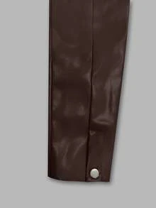 女式休闲百搭翻领长袖街头时尚 PU 皮革棕色飞行员夹克，秋冬 - 咖啡棕 - 查看 5