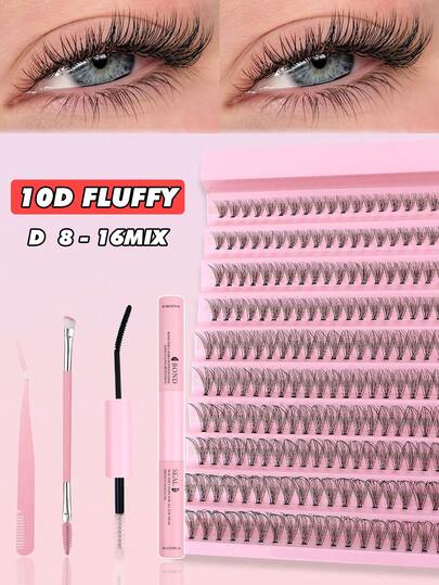 ICHICKISS 200 Ciuffetti di ciglia finte - Kit 10D, Riccio D, lunghezza mista 8-16mm, include colla, pinzette e pennello, ciglia soffici e riutilizzabili da 0,07mm per feste, regali, matrimoni e vacanze