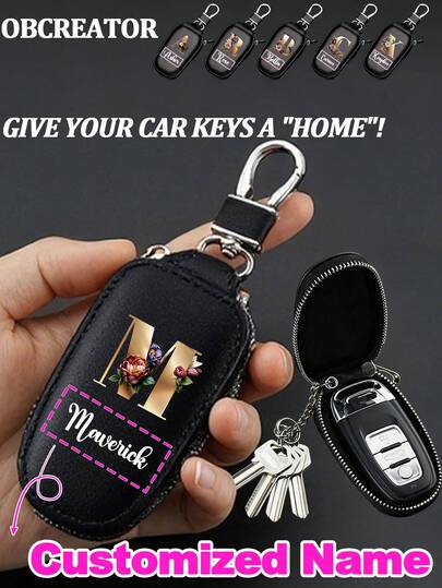 Customized Name Zipper Key Protector, Floral Metallic Initials A-Z, Imitation PU Leather Bag, Key Case, Car Keychain, Home, Office - Valentine's Day Gift, Graduation Ceremony, Teacher's Day - Unisex Design, Travel Goods, Artistic Style, High-Quality Finish, Technology Products, Daily Necessities, Perfect Holiday Gift, Birthday Gift