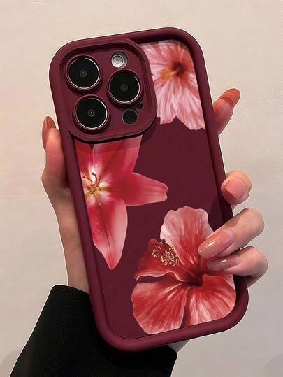 1pc Red Floral Pattern Soft TPU Shockproof Protective Phone Case, Fashion, Full-Body Protection, Compatible With IPhone 17/17 Air/17 Pro/17 Pro Max, 16/16E, 15/15 Pro/15 Pro Max, 14/14 Pro/14 Pro Max, 13/13 Pro/13 Pro Max, 12, 11