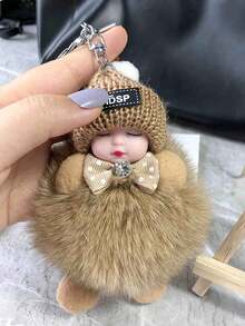 1个卡通钥匙扣，人造毛皮材质，圆形金属设计，女士装饰钥匙圈，带扣，适合装饰包包和车钥匙，情人节完美礼物，单包装