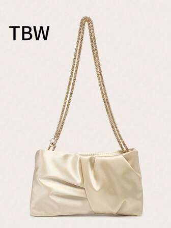Ladies' Single Shoulder Bag, Square Shape, Pleated Silk Satin Texture, Metallic Chain, Fashionable Design For Evening Events And Outings.