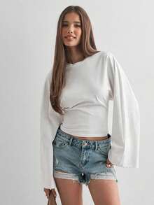 Blusa de mujer de manga larga acampanada, cuello redondo y unicolor, para primavera y otoño - Blanco - Ver 2