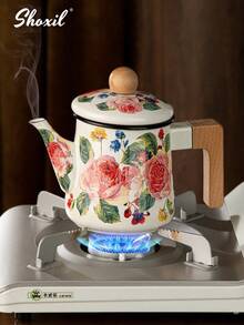 shoxil 1pc Rose Enamel Teapot, Water Bottle, Large Capacity Teapot, Gas Induction Cooker, Universal Desktop Decoration Enamel Teapot