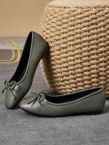 MonaNise Women's Fashion Square Toe Low Vamp Apricot Bow Flat Shoes, Black & White Outdoor Casual High-End Khaki Versatile Flats - Grey - View 6
