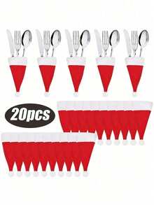 10/20pcs Christmas Hat Cutlery Holders, Mini Non-Woven Fabric Santa Claus Silverware Holders, Lollipop & Wine Bottle Toppers Decor, Dinner Table Decor For Christmas Party, Thanksgiving, And Other Festive Occasions,Christmas,Christmas Table Decorations,Christmas Party Decor