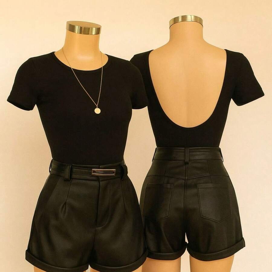 Bori Bodysuit Short Sleeve Round Neck Simple Bare Back Spring/Summer Clothing S M L XL Various Sizes - 黑色 - 查看 1