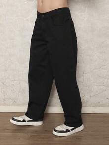 Men's Loose-Fitting Cotton Jeans With Slanted Pockets, Wide, Long, Washed, Skater Style, Cargo, Plain, Light Blue, For Going Out, Y2K Style, For Friends, Urban, For Going Out, For Work, For Vacation. - Black - View 3
