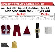 7 pièces Set, Costume de Mascotte de Noël pour Enfants, Costume de Père Noël en Velours Bordeaux de Luxe pour Enfants, Tenues de Père Noël pour Garçons et Filles avec Veste à Fermeture Éclair, Pantalon Élastique, Chapeau, Barbe, Ceinture Élastique, Couvre-Bottes, Sac du Père Noël, Costumes de Père Noël pour Décoration de Noël Intérieur Extérieur - Rouge foncé - Voir 14