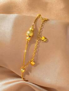 1 件 24K 镀金优雅双串珠心形脚链，适合女性日常佩戴和节日礼物