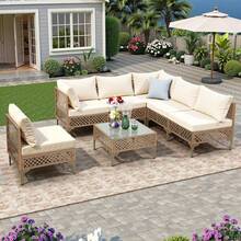 7-Piece Patio Furniture Set, Outdoor Wicker Conversation Set Sectional Sofa With Waterproof Thick Cushions & Coffee Table, For Backyard, Poolside, Garden, Porch, Yellow/Beige - Vàng/Be - Xem 7