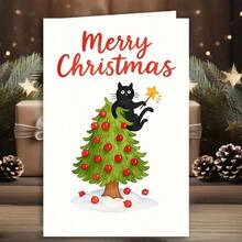 1pc Funny Christmas Card-Christmas Cards With Envelopes With Santa Claus, Reindeer And Dog Decorating The Christmas Tree, Suitable For Holiday Wishes And Celebratory Gifts For Friends, Family And Colleagues