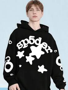 Casual Sports Hoodie Set - Star And Letter Art Print, Loose Fit, Combination For Daily Streetwear And Sports Outfits - 黑色 - 查看 2