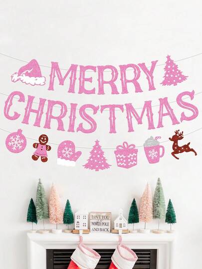 1 件粉色圣诞快乐横幅，冬季雪花圣诞主题拉旗，粉色圣诞派对装饰横幅