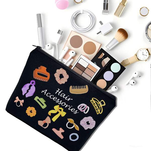 1 pieza Bolsa de accesorios para el cabello y cosméticos multicolor, almacenamiento de artículos pequeños de moda, patrón de accesorios para el cabello, accesorios de moda, portátil, gran capacidad, elegante, almacenamiento