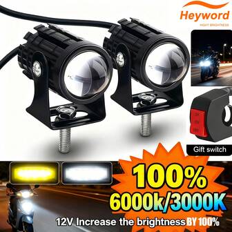 Heyword 2 件装白色 + 黄色摩托车 LED 大灯迷你驾驶灯雾灯 12V/24V 通用双色投影仪镜头带开关，适用于 ATV 踏板车辅助聚光灯摩托车配件