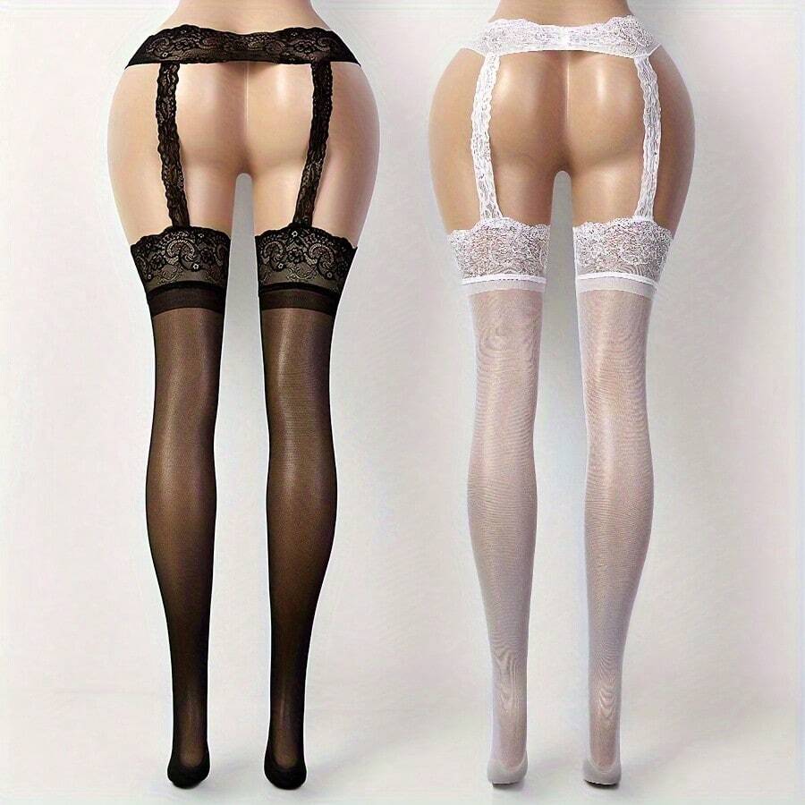 2-Piece Set, Including: Black + White Sexy Hollow Out Pantyhose, Women's Breathable Elastic Garter Stockings, Elegant Women's Garter Stockings - 黑色+白色 - 查看 1
