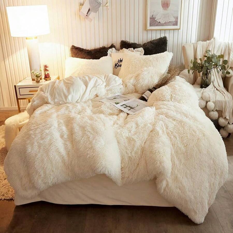 Plush Shaggy Duvet Cover Set, Ultra Soft Fluffy Bedding Sets 3 Pieces (1 Fuzzy Comforter Cover + 2 Pillow Cases), Zipper Close (, Pink), Luxury Bedding - 淺褐色的 - 查看 1
