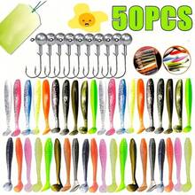 50pcs Fishing Lure Set, Including Jig Heads, Soft Bait T-Tail Worm Hooks, Suitable For Bass, Trout And Other Fish, Fishing Tackle