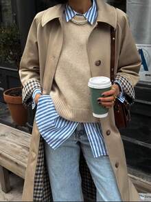 1 件女式纯色前口袋休闲风衣，长袖过膝外套，适合日常穿着，秋冬 - 卡其色 - 查看 2