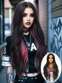 clouder Black Highlight Pink Extra Long Curly Wig 30 Inch Cosplay Wig Halloween Christmas Wig Elegant Soft Matte Hair Loose Curls Casual Outing Street Punk Wig Rock Wig Fluffy Natural Cool Girl Synthetic Heat-Resistant Fiber Wig Suitable For Women Daily Party Wig Music Festival Wig Avant-Garde College Style Wig Modern Fashion Gothic Wig - 彩色 - 查看 1