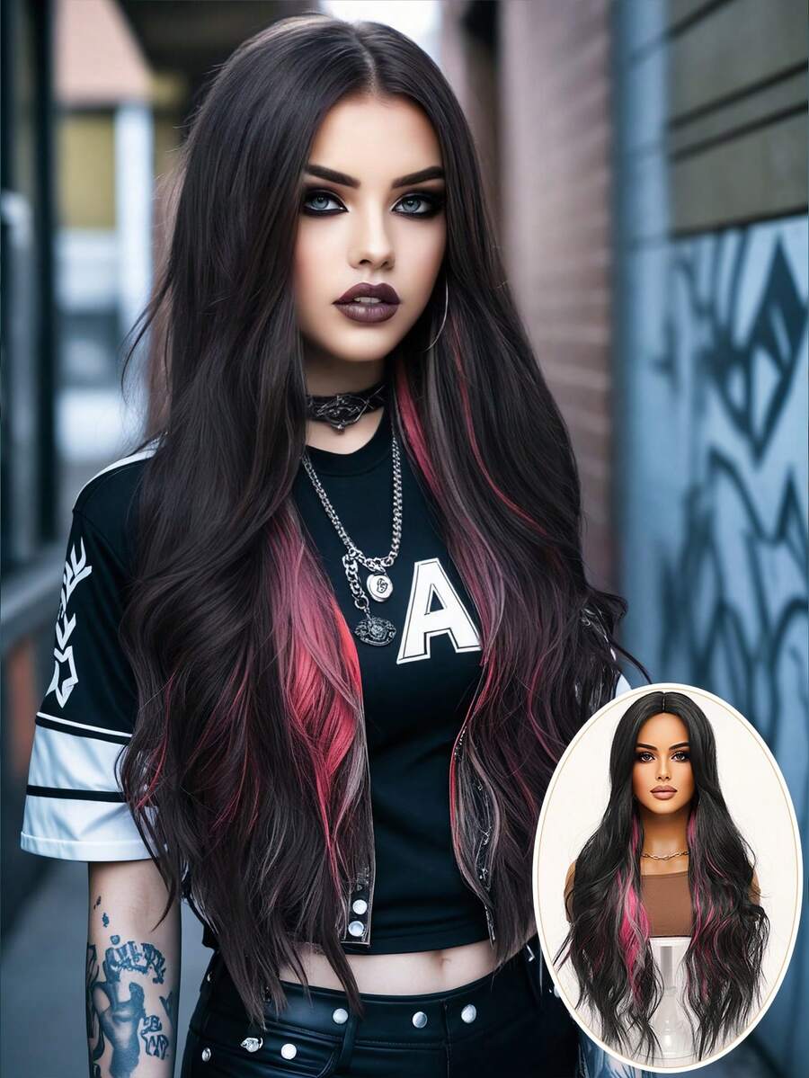 clouder Black Highlight Pink Extra Long Curly Wig 30 Inch Cosplay Wig Halloween Christmas Wig Elegant Soft Matte Hair Loose Curls Casual Outing Street Punk Wig Rock Wig Fluffy Natural Cool Girl Synthetic Heat-Resistant Fiber Wig Suitable For Women Daily Party Wig Music Festival Wig Avant-Garde College Style Wig Modern Fashion Gothic Wig - 彩色 - 查看 1