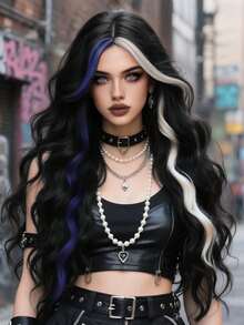 clouder Black Highlighted Blue And Gold Extra Long Curly Wig 30 Inch Cosplay Wig Halloween Christmas Wig Elegant Soft Matte Hair Loose Curls Casual Outing Street Punk Wig Rock Wig Fluffy Natural Cool Girl Synthetic Heat-Resistant Fiber Wig Suitable For Women Daily Party Wig Music Festival Wig Avant-Garde College Style Wig Modern Fashion Gothic Wig - 彩色 - 查看 2