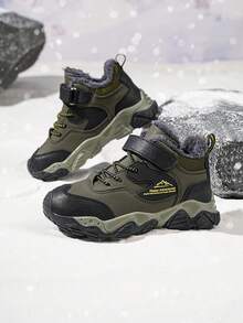 1 Pair Children's High-Top Warm Sports Shoes, Thermal-Lined Thick Warm Non-Slip Mid-Top Hiking Boots, Suitable For Children And Teenagers Outdoor Wear In Winter, Fashionable And Stylish For Boys - Green - View 1