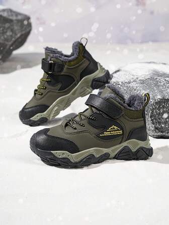 1 Pair Children's High-Top Warm Sports Shoes, Thermal-Lined Thick Warm Non-Slip Mid-Top Hiking Boots, Suitable For Children And Teenagers Outdoor Wear In Winter, Fashionable And Stylish For Boys