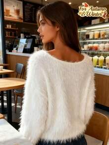 Casual Solid Color Soft Fleece Pullover White - White - View 2