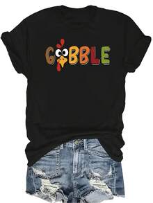 [Camiseta de moda casual] Camiseta suave y cómoda para mujer - Estampado divertido de pavo, cuello redondo de manga corta, uso casual perfecto para regalar a la abuela y la mamá, ropa casual de primavera y verano - Negro - Ver 1