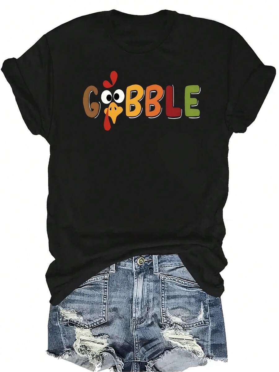[Camiseta de moda casual] Camiseta suave y cómoda para mujer - Estampado divertido de pavo, cuello redondo de manga corta, uso casual perfecto para regalar a la abuela y la mamá, ropa casual de primavera y verano - Negro - Ver 1