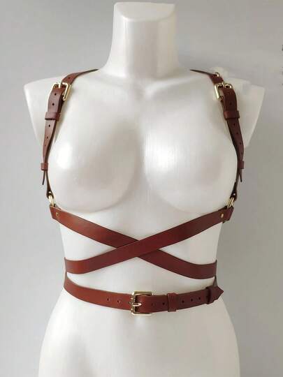 1pc Women's Elegant Coffee PU Leather Bustier Corset Waist Belt, Streetwear Body Harness Suitable For Daily Commute, Holidays, Parties, Halloween, Christmas Outfit Accessory