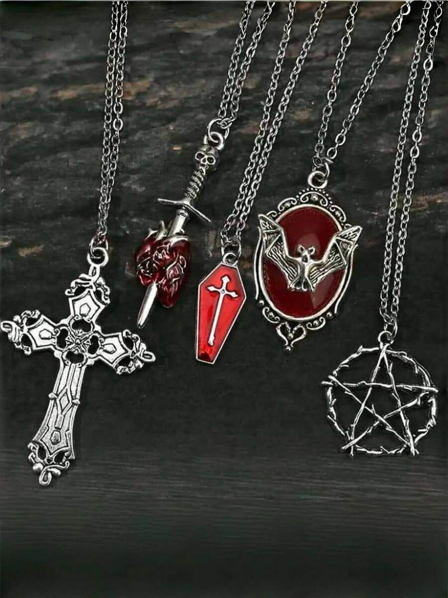 Set de 5 collares con colgantes de estilo gótico, punk y vintage Y2K que incluyen murciélago, gema, cruz, ataúd, flecha y corazón, ajustables, para fiestas y reuniones