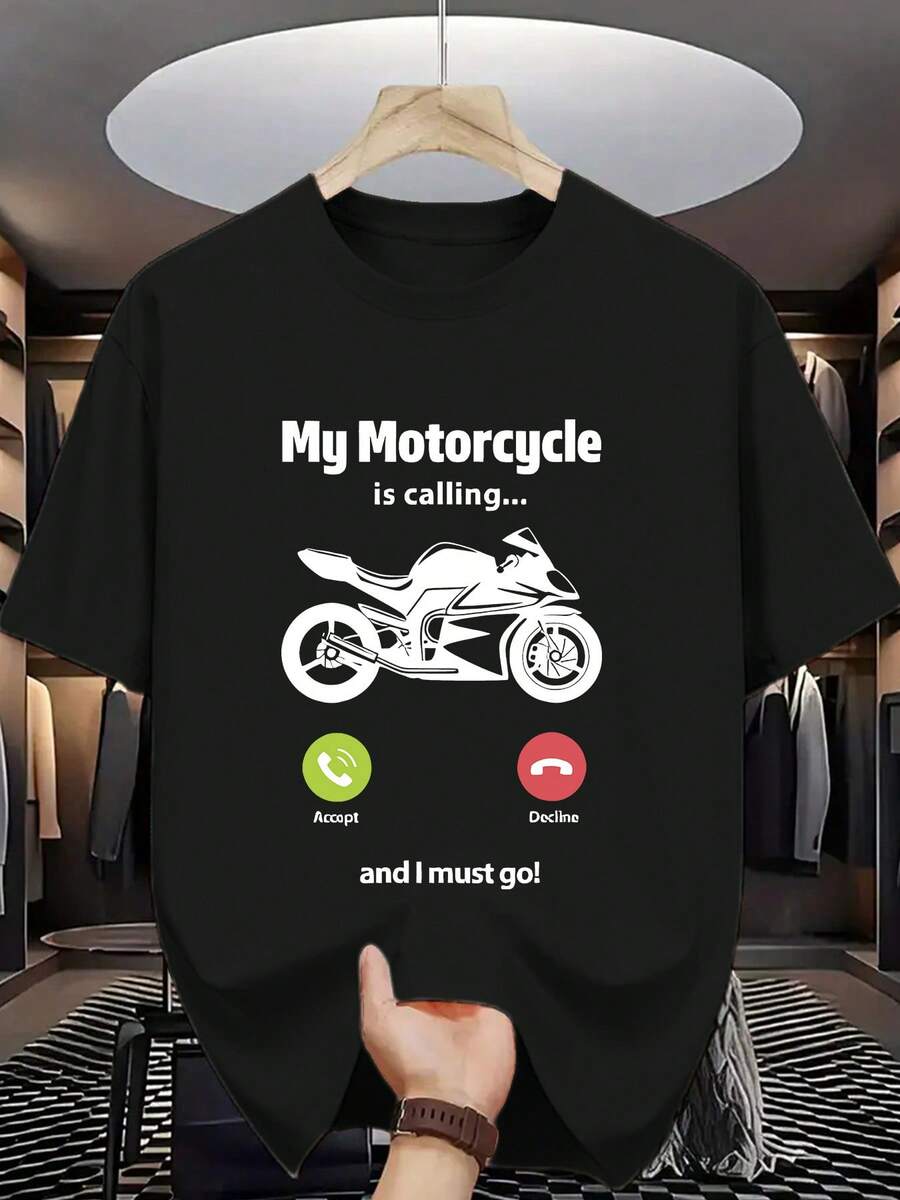 Maglietta casual da uomo con scollo rotondo e stampa "La mia moto mi chiama", colore nero, stile sportivo estivo, materiale leggermente elasticizzato, vestibilità regular per adulti MP7R - nero - Visualizzare 1