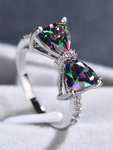 1pc Women Copper Bowknot Ring With Crystal Cubic Zirconia Wedding Engagement Party Jewelry Gift For Valentines Day Mom Mother's Day Anniversary P1FT - Bạc - Xem 5