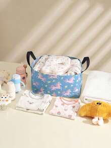 1pc Cartoon Pony Print Open Storage Box, Multifunctional Storage Basket With Handle, Holiday Gift, Mother's/Father's Day Gift, Baby Supplies Storage, Diaper Storage, Daily Organizer For Living Room, Bathroom, Kitchen, Foldable Clothes Storage, Cute & Lightweight, Suitable For Home, Kids, Nursery