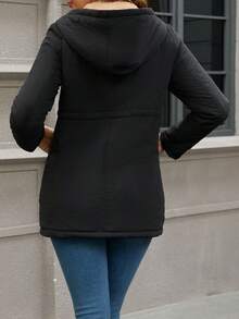 Jaqueta com Capuz Feminina, Corta-Vento Casual, Tecido Tecido de Cor Sólida, Bolsos, Adequado para Outono, Inverno, Primavera - Preto - Visão 2