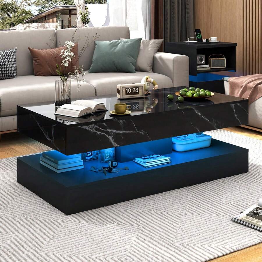 39/47inch Large High-Glossy LED Coffee Table With 2 Sliding Drawers, Living Room Storage Tables With Marbling Print, Modern Stylish Double-Layer Center Tables W/ USB Powered LED Lights - 黑色 - 查看 1
