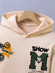 Tween Boy Cartoon Print Warm Hoodie And Sweatpants Set