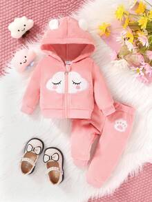 2pcs Set, Casual Elegant Sweet Cute Baby Girl Outfit, Soft & Comfortable, Cartoon Cloud Embroidery 3D Hooded Fleece Jacket & Pants Set, Infant Girl Autumn Clothes, Suitable For Daily, Vacation, Party, Outing - Multicolor - View 2