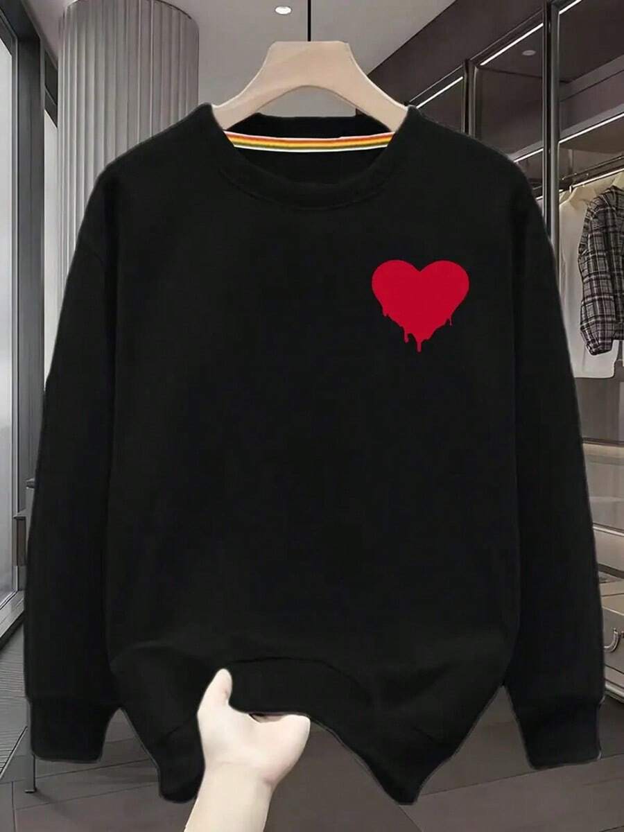 A Men'S Casual Round Neck Sweatshirt With A Dripping Heart-Shaped Pattern, Slight Elasticity, Regular Silhouette, Graphic Anime Style Design - Fashionable Men'S Clothing,Fall Hoodies,Men's Fall Clothes,Street Wear,Halloween,Mens Hoodies,Y2k Clothes,Jesus Hoodie,Thanksgiving Day,Nightmare Before Christmas,Christmas - màu đen - Xem 1
