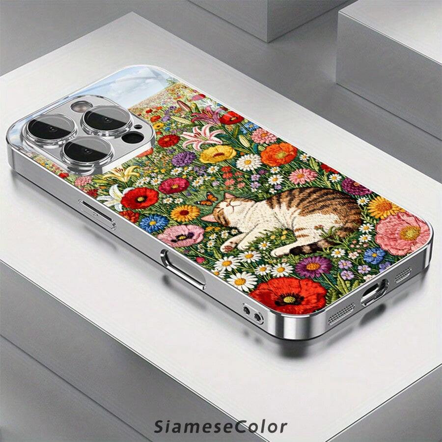 Cat And Butterfly In Flower Field 2D Pattern Glass Phone Case For IPhone Air 17 16 Pro Max 15 14 PLUS 13 12 11  Galaxy S25 S24 S23 S22 Ultra FE ,Full Body Protections Shockproof Cover Creativity Fashion - Black - View 1