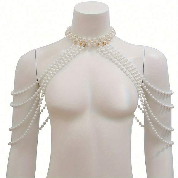 1 Piece Of Elegant Luxury Faux Pearl Tassel Shawl Body Chain Waist Chain, Fashion Show Shoulder Chain Chest Ornament Chain, Suitable For Daily Wear, Beach Vacation, Evening Dress Accessories, Party Dress Accessories, Beach Clothing Accessories, Wedding Decoration, Christmas, Mother's Day, Thanksgiving And Other Holiday Gifts