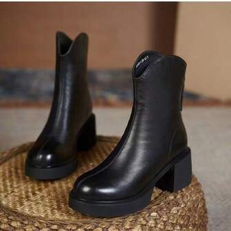 Women's Boots, Short Boots, British Style Thick-Sole Short Boots, Motorcycle Leather Boots, Mid-Calf Boots, Comfortable Outdoor