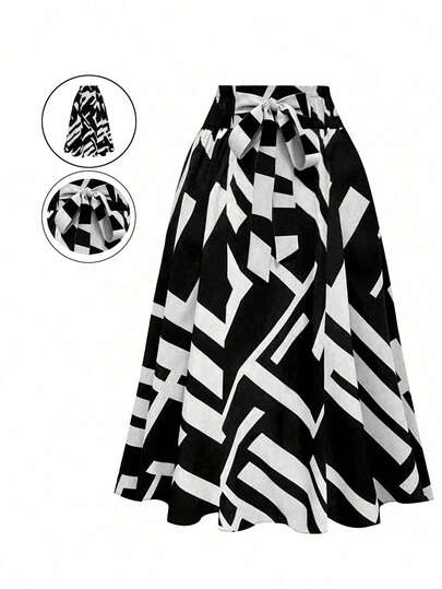 Vintage Geometric Art Print High Waist Tie Waist A-Line Skirt, Black & White, Flattering, Versatile For Work, Date, Daily Wear, Millennium Style, Suitable For Spring, Summer, Beach, Valentine's Day