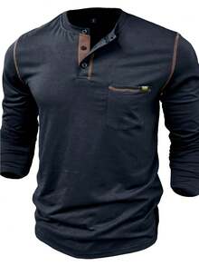 Plus Size Men's Contrast Color Pocket Casual Stand Collar Long Sleeve T-Shirt - Navy Blue - View 2
