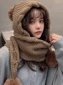 1pc Women's Autumn/Winter Hat & Scarf Set, Cute Pom Pom Knitted Hat, Ear Warmer Thick Knitted Hat, Outdoor Cold-Proof Hat, Suitable For Daily Wear Women Winter Clothes Valentines Gift