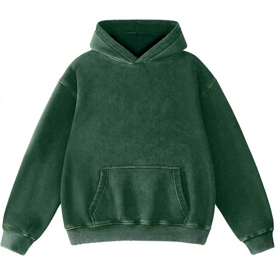 FAIABLE Mens Hoodies Oversized Unisex Wash Hoodie Heavyweight Fleece Vintage Cotton Sweatshirt Men Women Streetwear - 墨綠色 - 查看 1