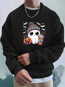 Men's Halloween Print Crew Neck Sweatshirt - Casual Long Sleeve Pullover, Polyester Blend, Machine Washable,Fall Hoodies,Men's Fall Clothes,Street Wear,Halloween,Mens Hoodies,Y2k Clothes,Jesus Hoodie,Thanksgiving Day,Nightmare Before Christmas,Christmas - Black - View 1